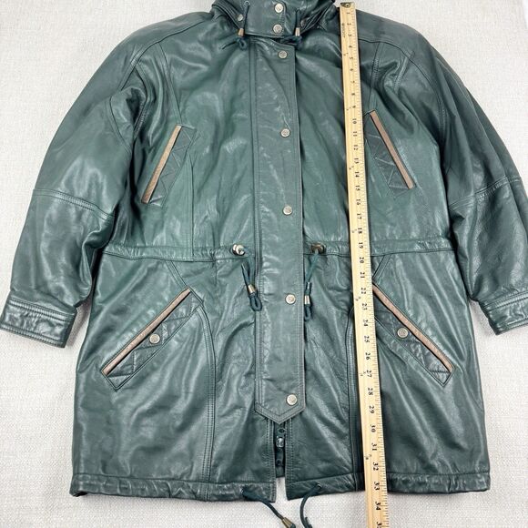 Vintage Verducci Soft Green Leather Jacket Women's 90s Hooded Lined Coat Large - Picture 13 of 16